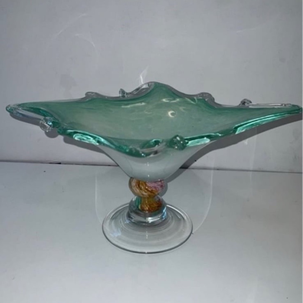 Art Glass Footed bowl Centerpiece Compote Green White